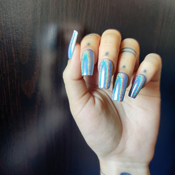Holographic Press-on Nails | UK-Based Shop | Trendy Luxury False Nails | Hand-Painted Fake Nails | Moon & Clouds Nails