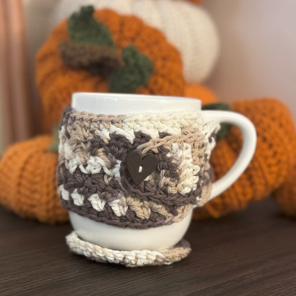 Mug Cozy in brown, tan, and cream colors with Heart Buttons -Coffee Tea Tumbler - Crocheted