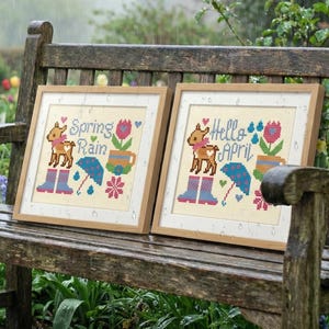 Hola Abril - Patrón de punto de cruz digital en PDF para descargar / Ciervo con flores de lluvia de primavera