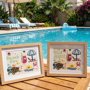 Hello August Cross Stitch Pattern – Summer Seascape (PDF Digital Download)
