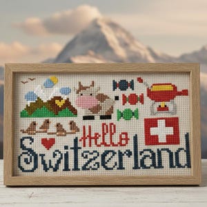 Arte de punto de cruz "Hola Suiza" - Amuleto alpino hecho a mano - Patrón de descarga digital en PDF / Punto de cruz de viaje