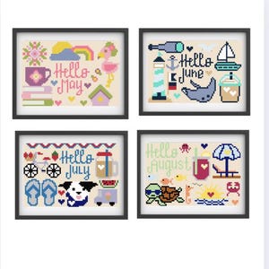 Hello Months of the Year Series Part 2 (May, June, July, August) | Counted Cross Stitch Digital Download XStitch X-Stitch