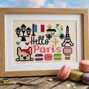 Hello Paris Cross Stitch Pattern - Eiffel Tower Travel Design (PDF Download)