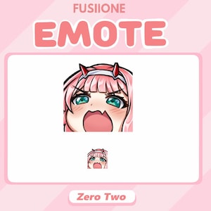 Pode incluir: Uma ilustração digital de um personagem de anime de cabelo rosa, olhos verdes e uma faixa de cabeça vermelha. O personagem está fazendo uma expressão surpresa com a boca aberta. O texto "Zero Two" está abaixo da imagem.