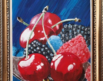 Pintura ORIGINAL Naturaleza muerta Cocina Comida Frutas Arte mural contemporáneo HECHO A MANO