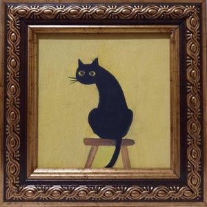Peinture à l'huile ORIGINALE Chat noir assis sur une chaise Art mural contemporain miniature Animaux