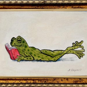 Original Frog Mini Oil Painting, Reading Frog Wall Art, Framed or Unframed, 6x4 Inches, Handmade Miniature Painting with frame