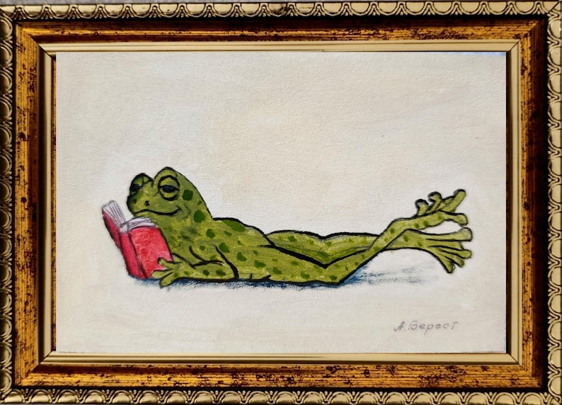 Original Frog Mini Oil Painting, Reading Frog Wall Art, Framed or Unframed, 6x4 Inches, Handmade Miniature Painting with frame