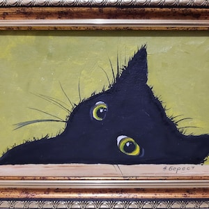 Peinture à l'huile originale faite à la main, miniature, chat noir, art mural contemporain