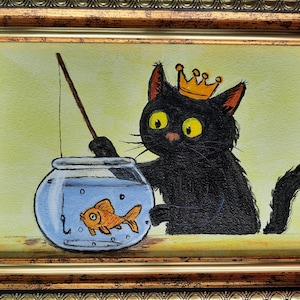 ORIGINAL Acrylic Painting Black cat catches fish in aquarium HANDMADE Wall Art Contemporary Animals Pets