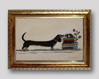 Mini Dachshund and Cat Oil Painting, Vintage Animal Art, Framed Dog Painting, Whimsical Cottage Decor, Original Artwork
