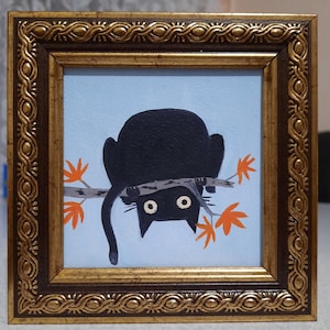 Peinture à l'huile originale Chat noir suspendu la tête en bas à un arbre Art mural contemporain Miniature