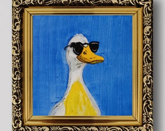 Funny Duck Painting, Original Oil on Wood, Whimsical Animal Art, Small Framed Artwork