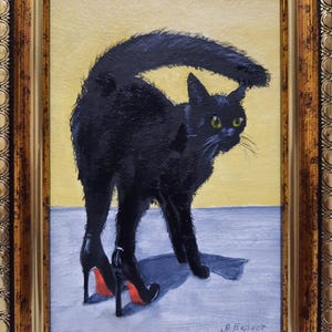 ORIGINAL Oil Painting Black cat on louboutins HANDMADE Miniature Black Cat Contemporary Wall Art Animals