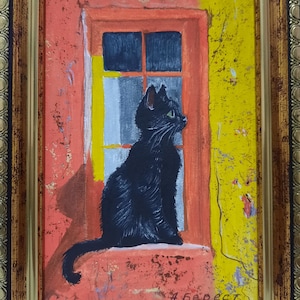 Peinture à l'huile originale faite à la main. Chat noir miniature assis sur la fenêtre. Art mural contemporain.