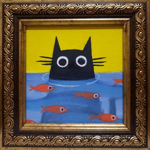 Peinture à l'huile ORIGINALE Chat noir dans un étang avec des poissons Art mural contemporain miniature Animaux de compagnie Animaux