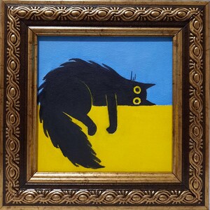 ORIGINAL Oil Painting Black Cat lies on the back of the sofa Contemporary Wall Art Miniature Handmade