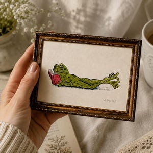 Original Frog Mini Oil Painting, Reading Frog Wall Art, Framed or Unframed, 6x4 Inches, Handmade Miniature image 11