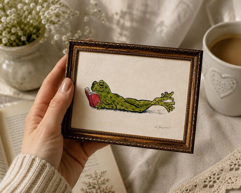 Original Frog Mini Oil Painting, Reading Frog Wall Art, Framed or Unframed, 6x4 Inches, Handmade Miniature image 11