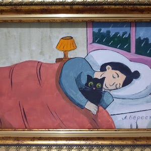 ORIGINAL Oil Painting HANDMADE Miniature Black Cat sleeps with its owner under the blanket Contemporary Wall Art