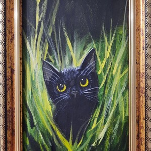 Peinture à l'huile originale Chat noir dans l'herbe Art mural contemporain fait à la main Nuit