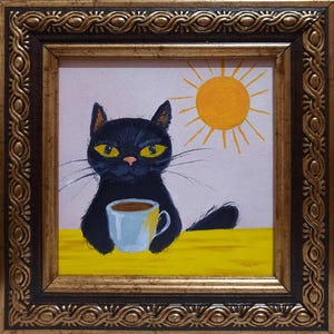 Peinture à l'huile originale Chat noir Petit-déjeuner du matin Art mural contemporain Miniature