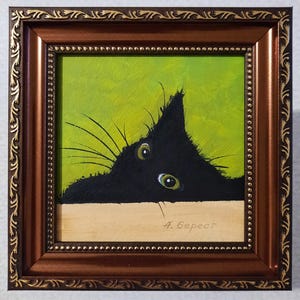 ORIGINAL Oil Painting Black Cat Contemporary Wall Art Animals Pets Miniature Handmade