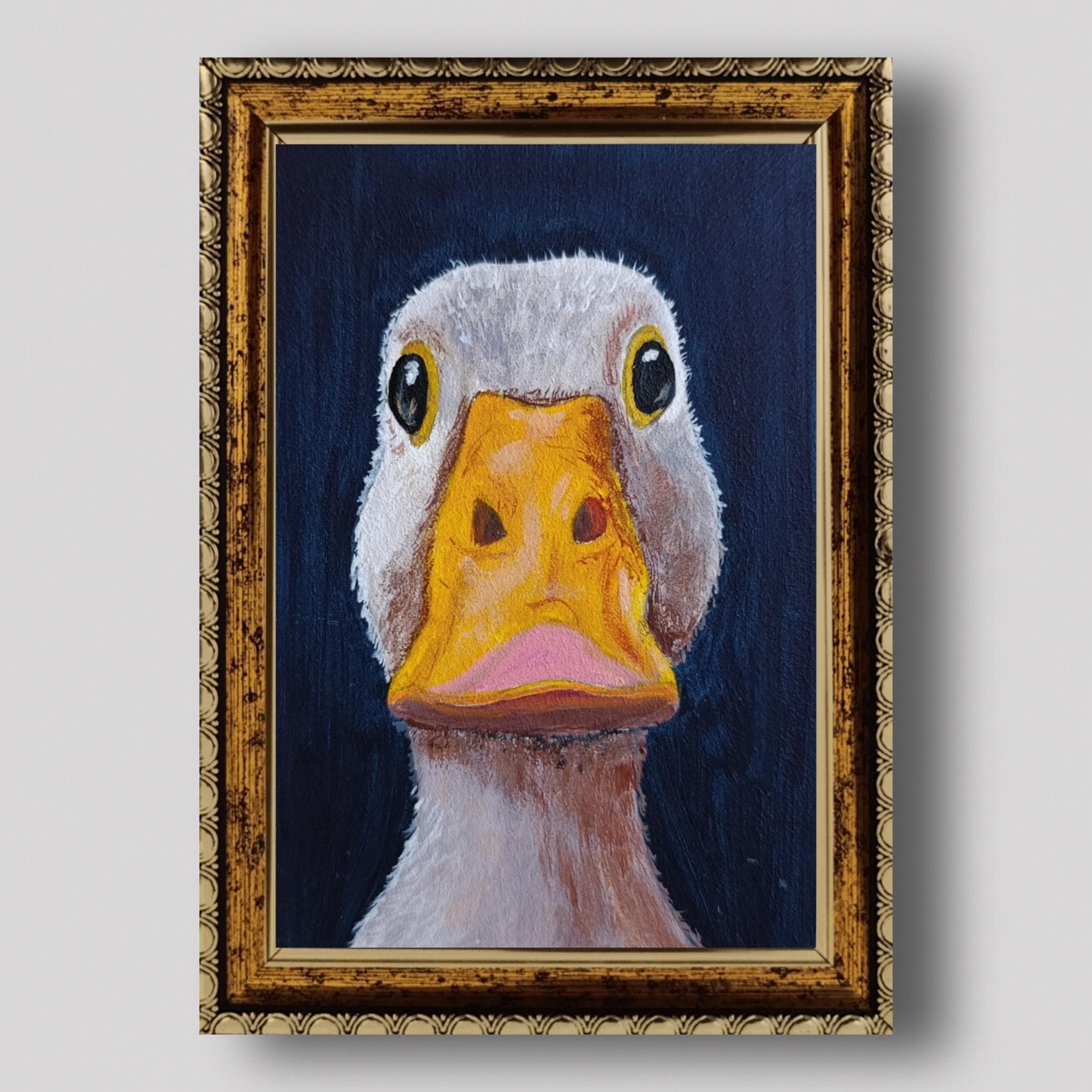 Original Goose Oil Painting, Vintage Duck Portrait, Antique Gold Frame, Whimsical Farmhouse Wall Art, Rustic Country Decor