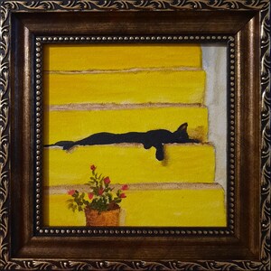 ORIGINAL Oil Painting Black Cat sleeps under the blanket Contemporary Wall Art Animals Pets Miniature Handmade Folk art
