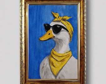 Funny Duck Painting, Mini Original Oil Art, Quirky Animal Wall Art, Vintage Gold Frame, Small Art Gift, Colorful Kitchen Decor
