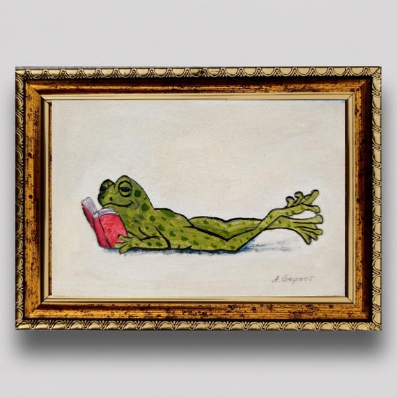 Original Frog Oil Painting, Reading Frog Wall Art, Framed or Unframed, 6x4 Inches, Handmade Miniature