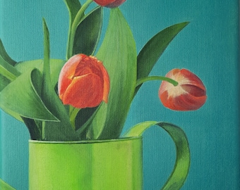 Tulipes - Peinture à l'huile originale - Nature morte - Fleurs - Réalisme moderne - Huile sur toile - Hyperréalisme - Composition printanière