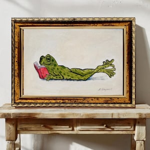 Original Frog Mini Oil Painting, Reading Frog Wall Art, Framed or Unframed, 6x4 Inches, Handmade Miniature image 2