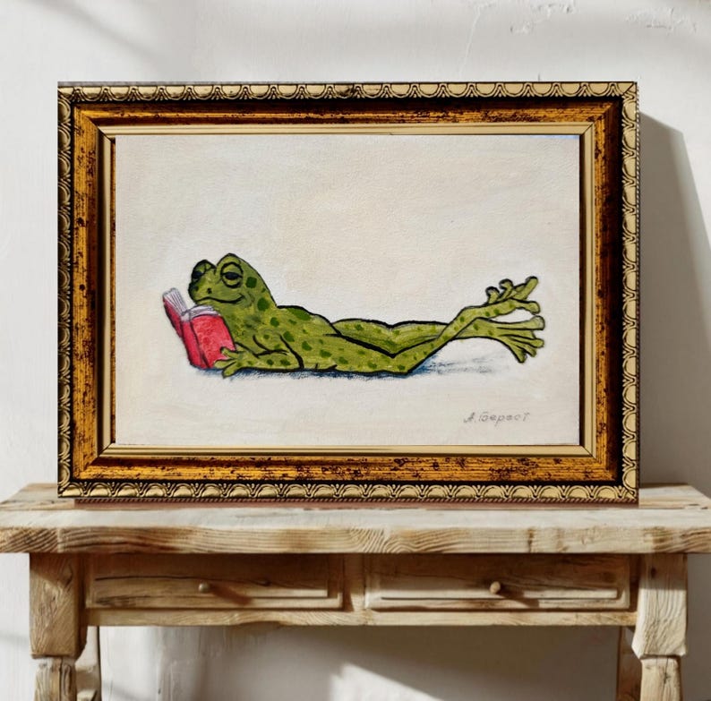 Original Frog Mini Oil Painting, Reading Frog Wall Art, Framed or Unframed, 6x4 Inches, Handmade Miniature image 2
