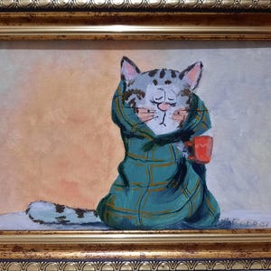 ORIGINEEL Olieverfschilderij Zwarte kat verstrikt in deken HANDGEMAAKT Miniatuur Hedendaagse Wandkunst Dieren