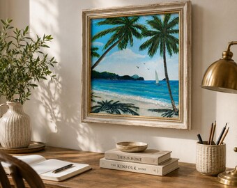 Tropical Beach Oil Painting Original Framed Artwork, Palm Tree Seascape Wall Art, Coastal Decor, Ocean Landscape Painting Handmade
