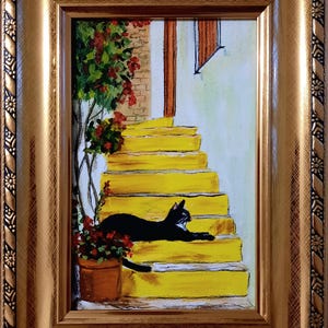 Peinture à l'huile ORIGINALE Un chat noir est allongé sur les marches Art mural contemporain Animaux Animaux de compagnie Miniature Fait à la main