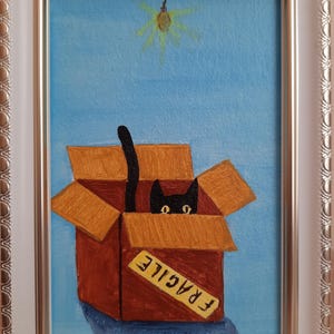 Pintura acrílica ORIGINAL Gato negro asomándose del buzón Arte de pared HECHO A MANO Animales contemporáneos Mascotas