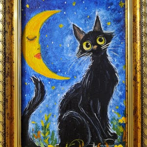 Pintura al óleo original de gato negro hecha a mano, mascotas, miniatura, arte mural contemporáneo, animales, cielo nocturno, luna y estrellas.