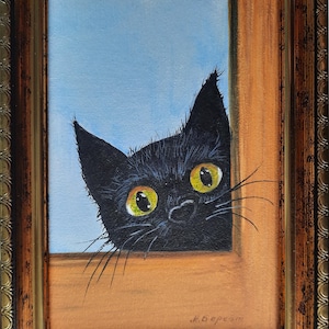 ORIGINAL Oil Painting HANDMADE Miniature Black Cat Contemporary Wall Art Pets