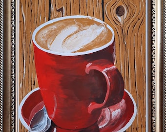 ORIGINEEL Schilderij Cappuccino Koffie Ochtend Ontbijt Keuken Eten Hedendaagse Muurkunst HANDGEMAAKT