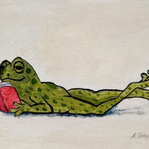 May include: A painting on a light beige background featuring a green frog with dark green spots lying on its stomach while reading a small red book. The frog has its back legs extended and the artist signature A. Берест is visible in the bottom right.