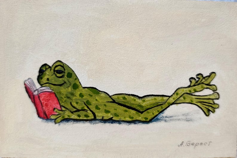 May include: A painting on a light beige background featuring a green frog with dark green spots lying on its stomach while reading a small red book. The frog has its back legs extended and the artist signature A. Берест is visible in the bottom right.