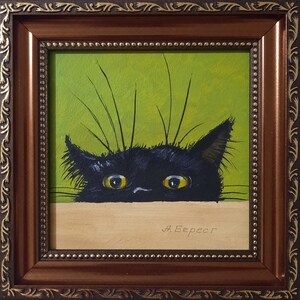 ORIGINAL Oil Painting Black Cat Contemporary Wall Art Animals Pets Miniature Handmade