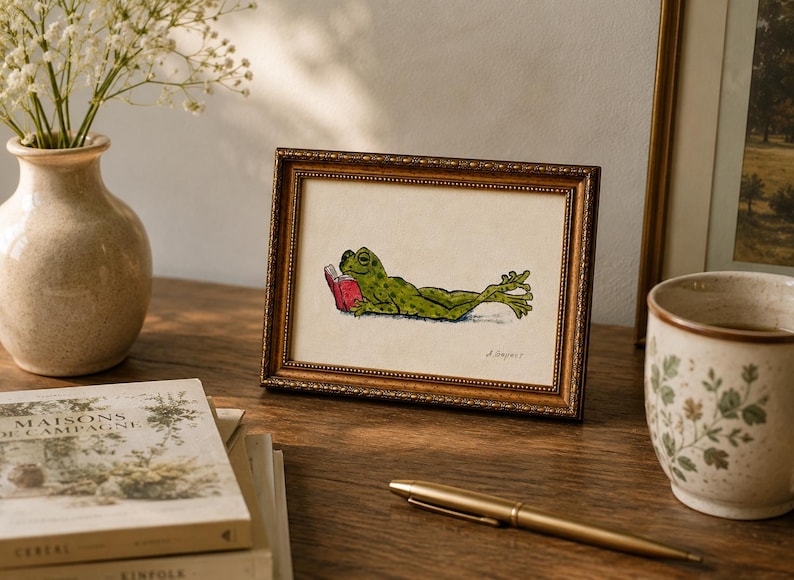 May include: A rectangular picture frame with an ornate gold border containing a watercolor illustration of a green frog lying down and reading a small red book. The frog is depicted in a relaxed pose with its legs extended, set against a plain background.
