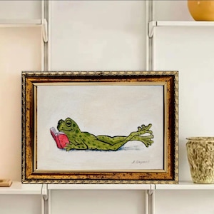 Original Frog Mini Oil Painting, Reading Frog Wall Art, Framed or Unframed, 6x4 Inches, Handmade Miniature image 6
