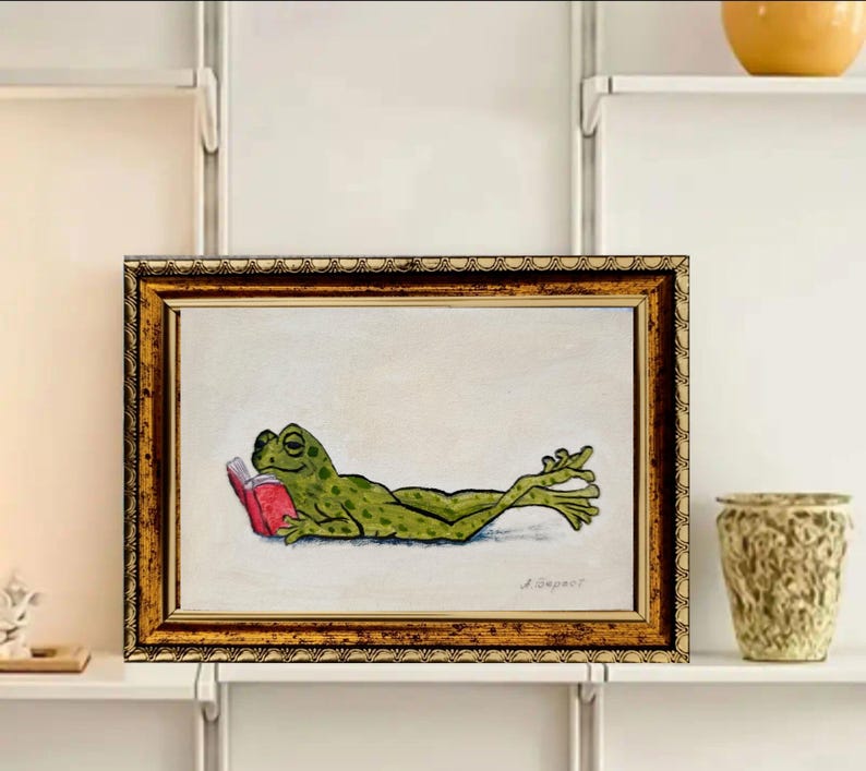 Original Frog Mini Oil Painting, Reading Frog Wall Art, Framed or Unframed, 6x4 Inches, Handmade Miniature image 6