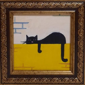 Peinture à l'huile originale chat noir fait à la main miniature contemporaine art mural animaux