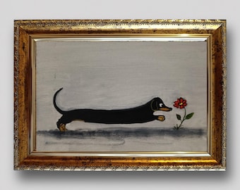 Mini Vintage Dachshund Oil Painting, Whimsical Dog Art, Small Framed Original, Cottagecore Wall Decor, Animal Lover Gift