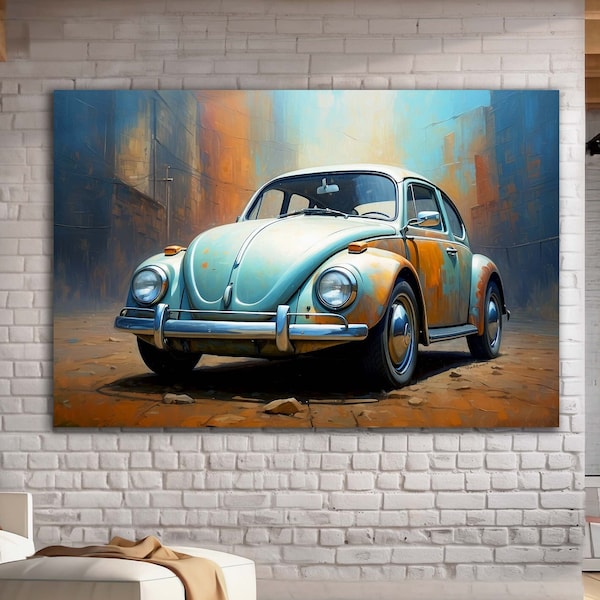 Classic VW Bug Fine Art, Vintage VW Beetle Clockpunk, Stretched Canvas Abstract Wall Art, Classic Volkswagen Art, Vintage Auto Artwork Decor